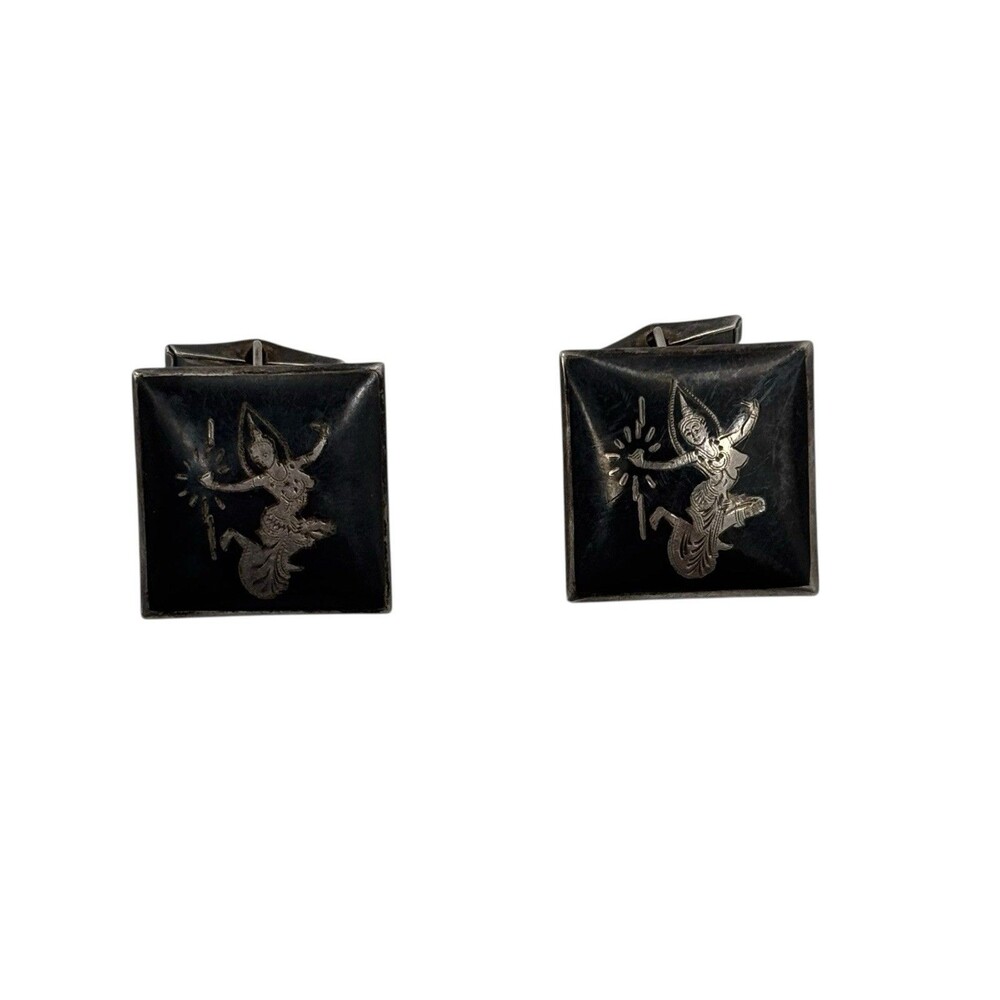 Vintage Siam Sterling Silver Niello Dancer Cufflinks Stamped Siam (Thailand)